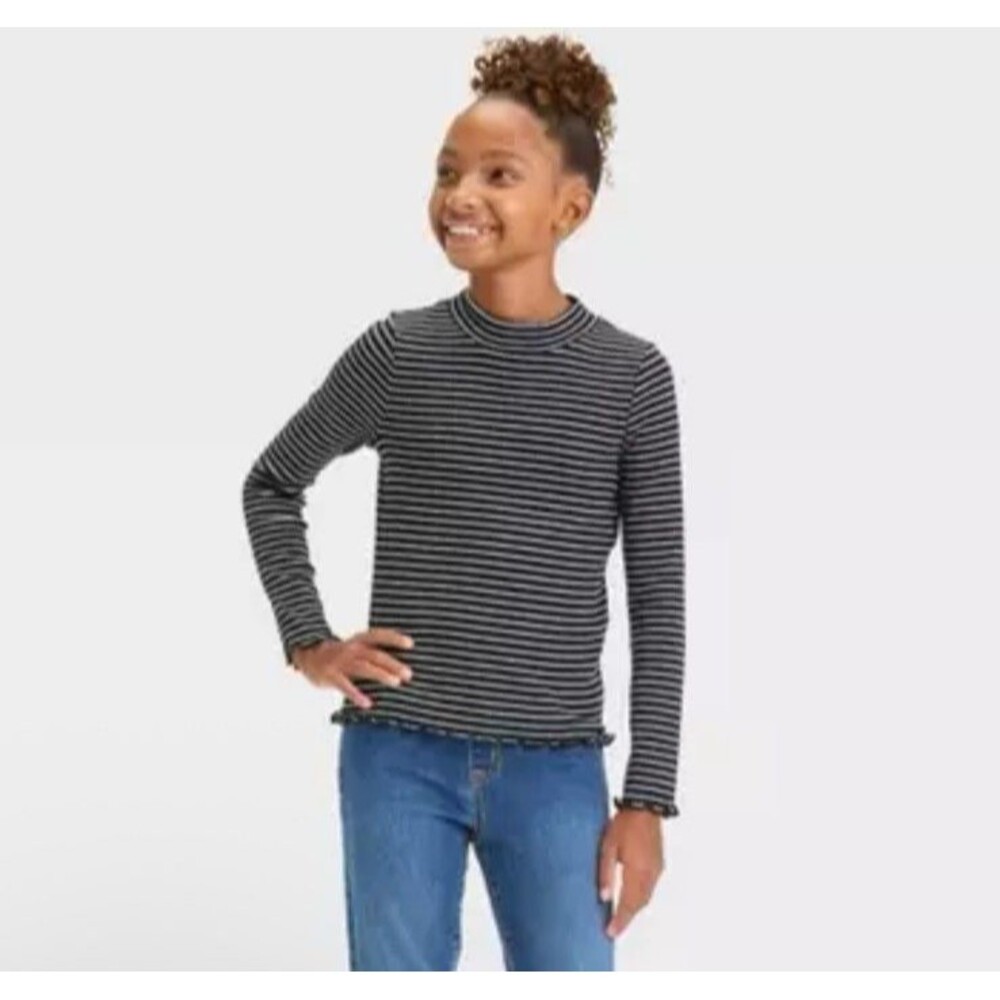 Cat & Jack Girls S 6/7 Black & White Long Sleeve Striped Lettuce Edge Trim Tee